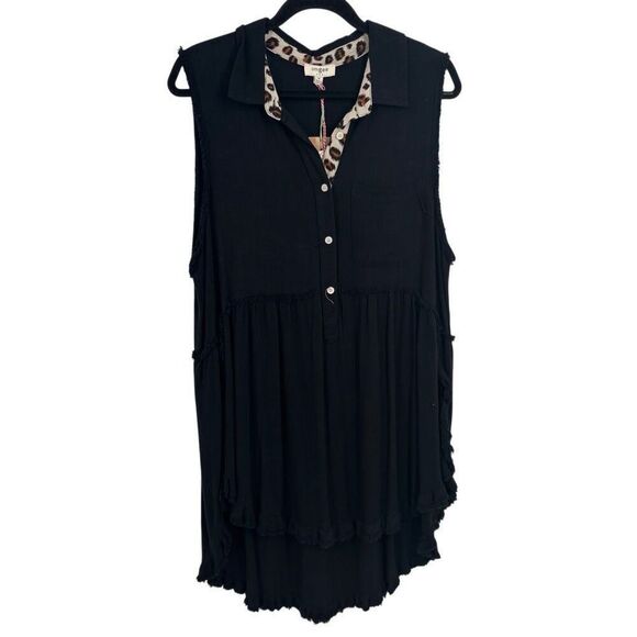 Umgee Leopard Trim Frayed Edges Sleeveless Tunic Top Black Size Medium NWT - Picture 1 of 9